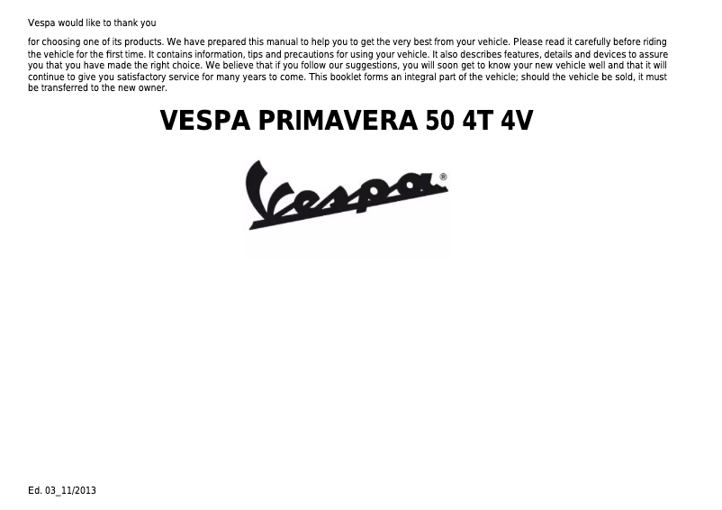 First page image of the manual for Primavera 50 4T 4V (2013)
