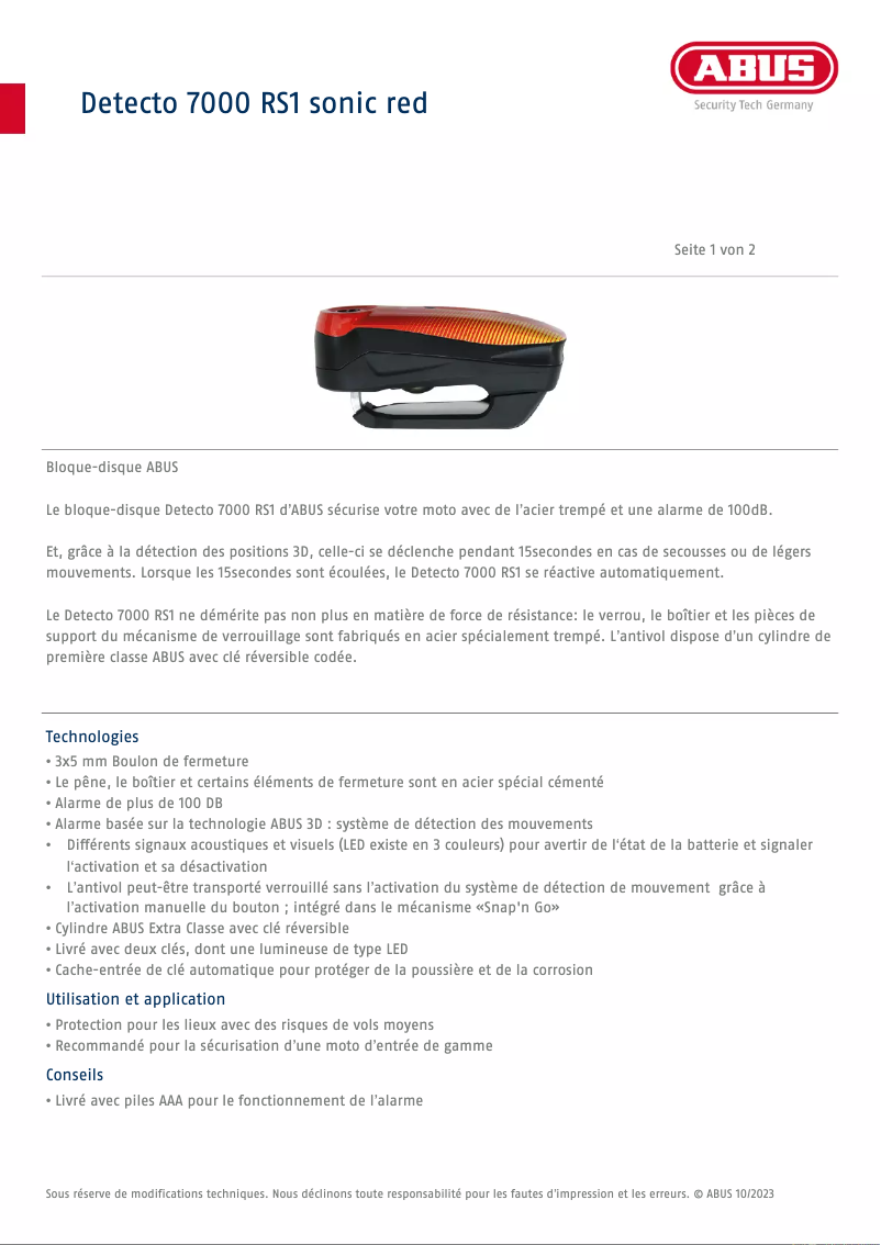 Page 1 of the manual Technical Sheet Abus Detecto 7000 RS1