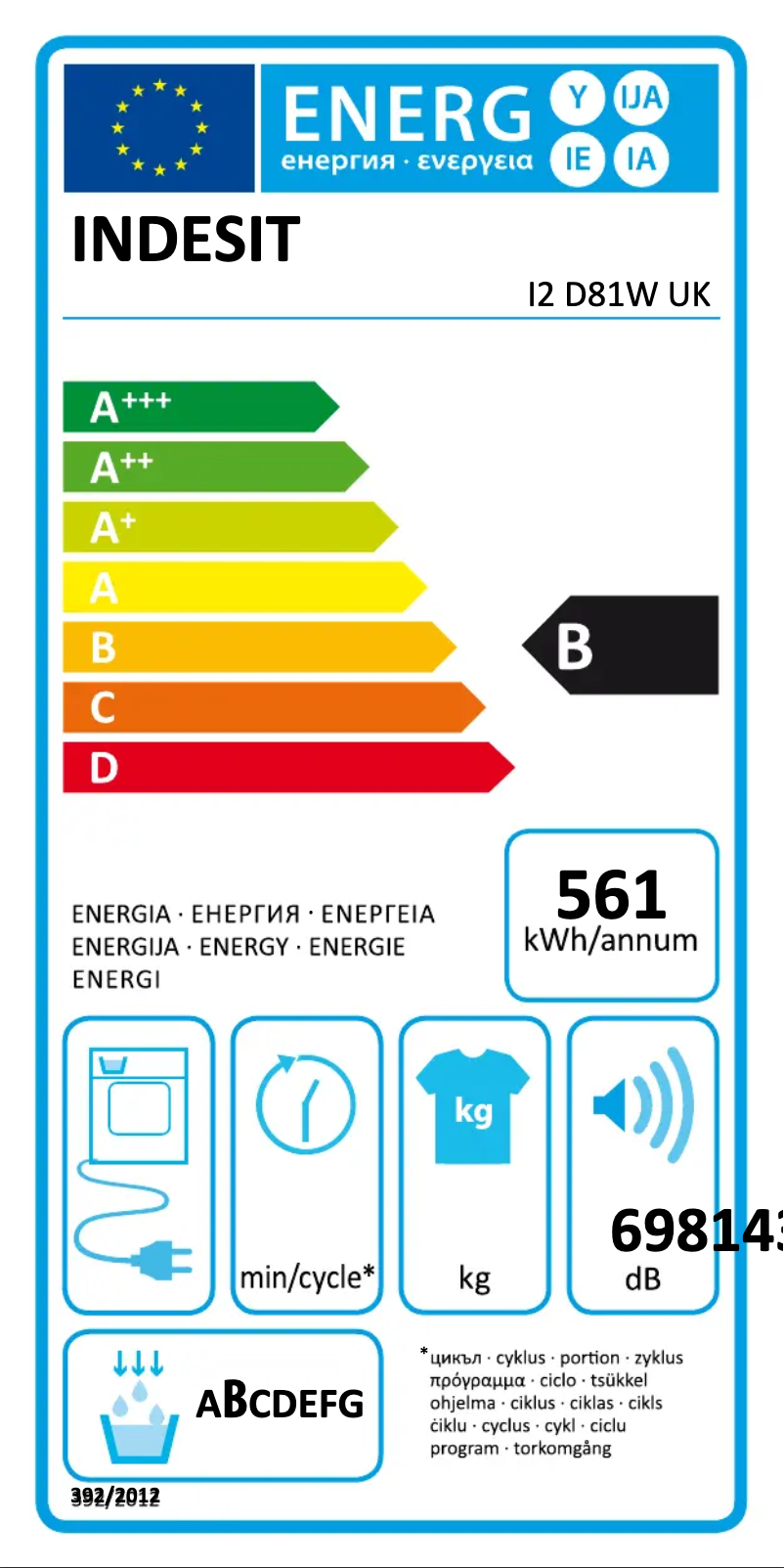 Page 1 of the manual Energy Label Indesit I2 D81W UK