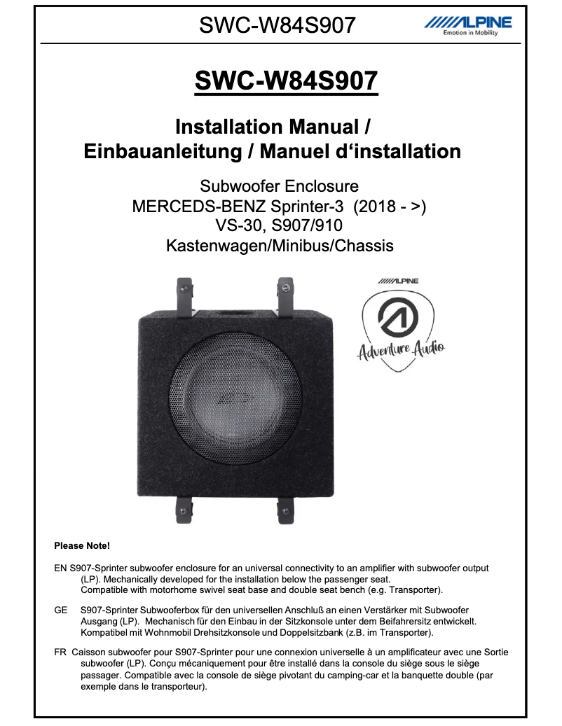 Page 1 of the manual User Manual Alpine SWC-W84S907