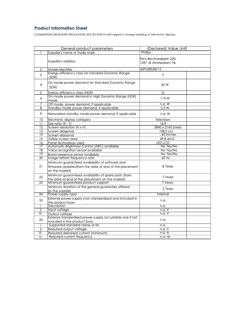 Page 1 of the manual Technical Sheet Philips The One 43PUS8558