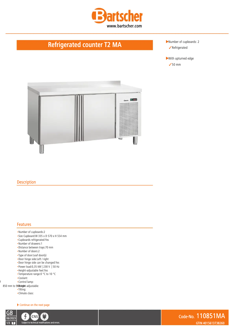 Page 1 of the manual Technical Sheet Bartscher T2 MA