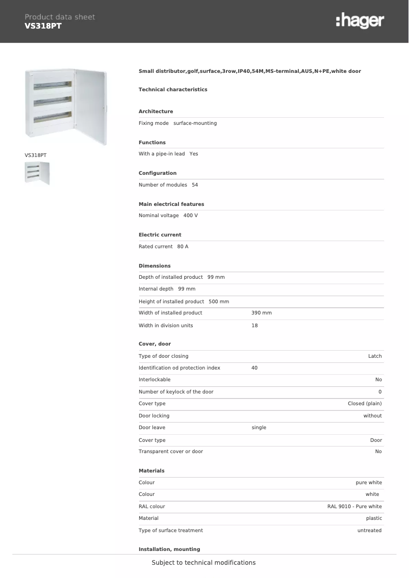 Page 1 of the manual Technical Sheet Hager VS318PT