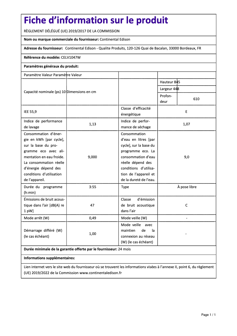 Page 1 of the manual Energy Label Continental Edison CELV1047W