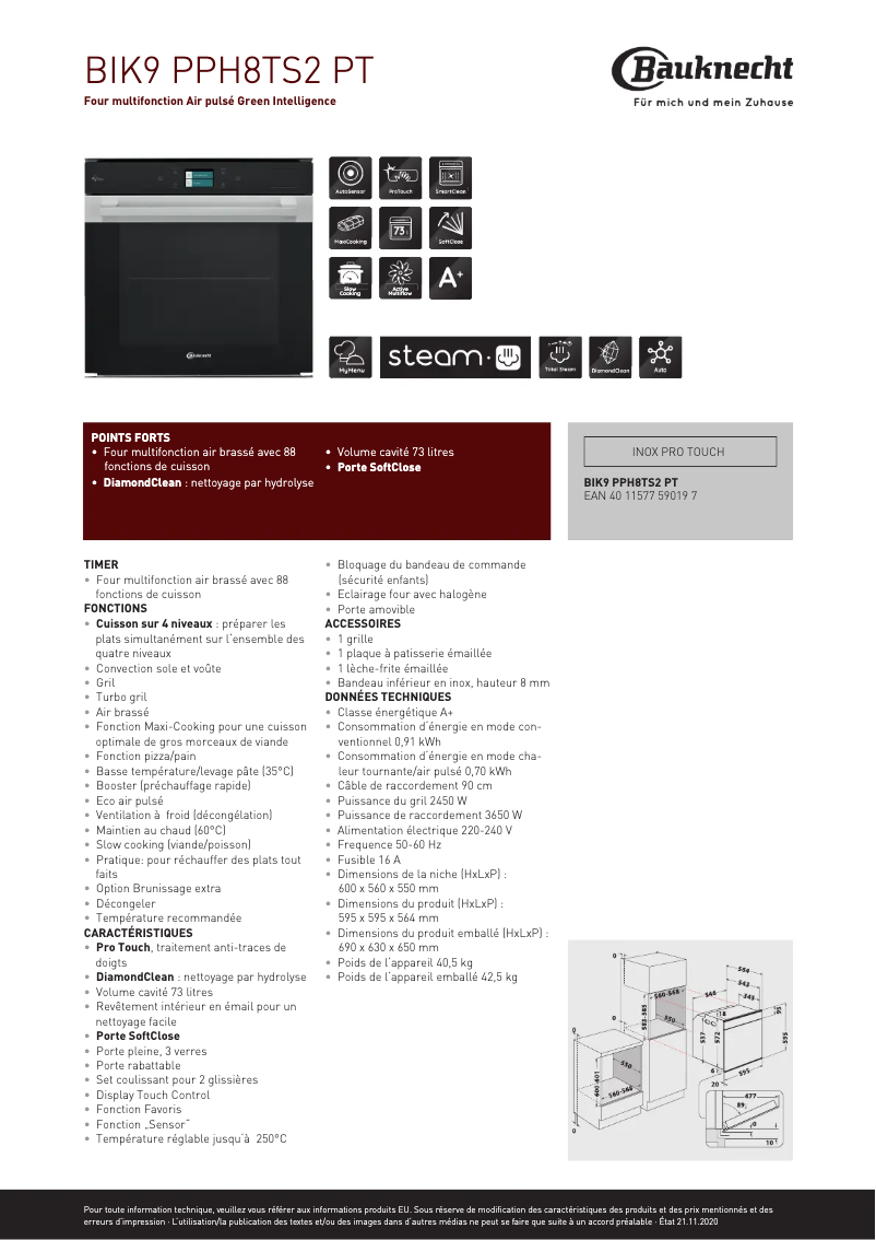 Page 1 of the manual Technical Sheet Bauknecht BIK9 PPH8TS2 PT