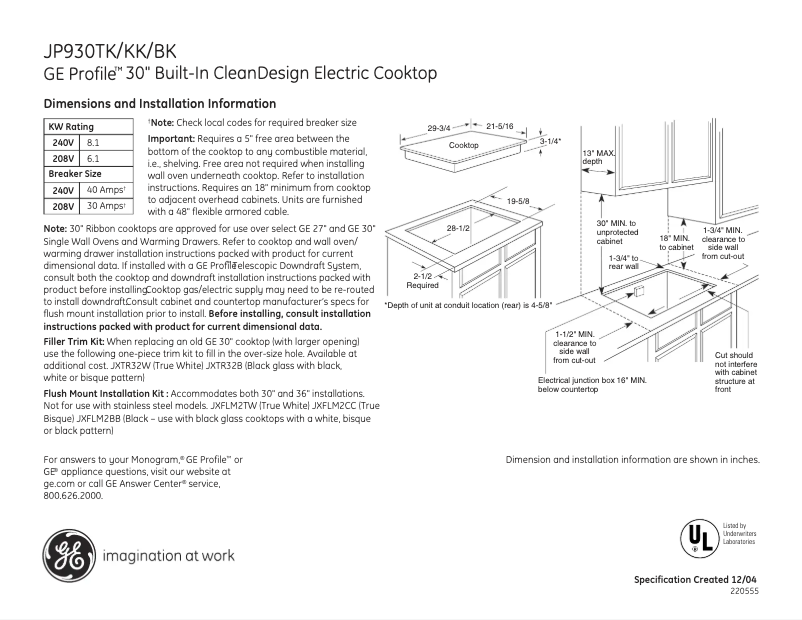 Page 1 of the manual Technical Sheet GE Profile JP930BKBB