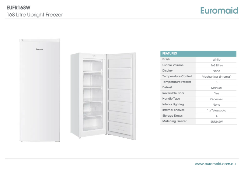 Page 1 of the manual Technical Sheet Euromaid EUFR168W