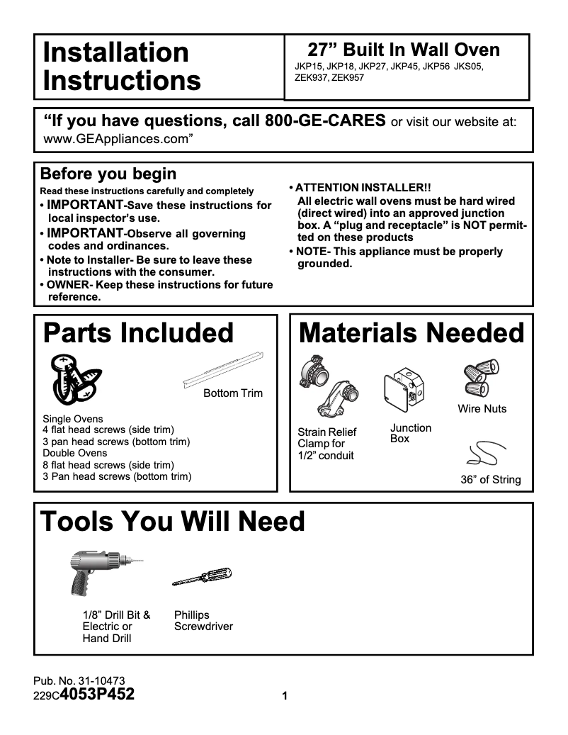 Page 1 of the manual Installation Guide GE ZEK957SDSS