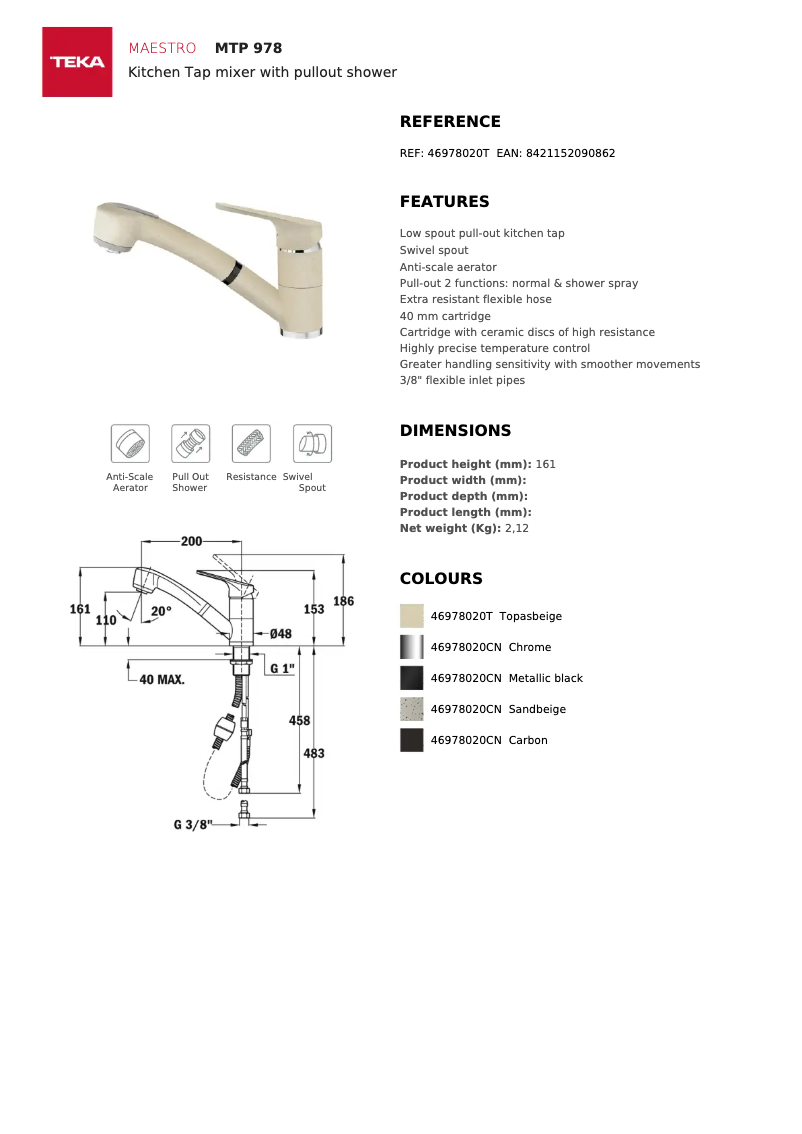 Page 1 of the manual Technical Sheet Teka MTP 978