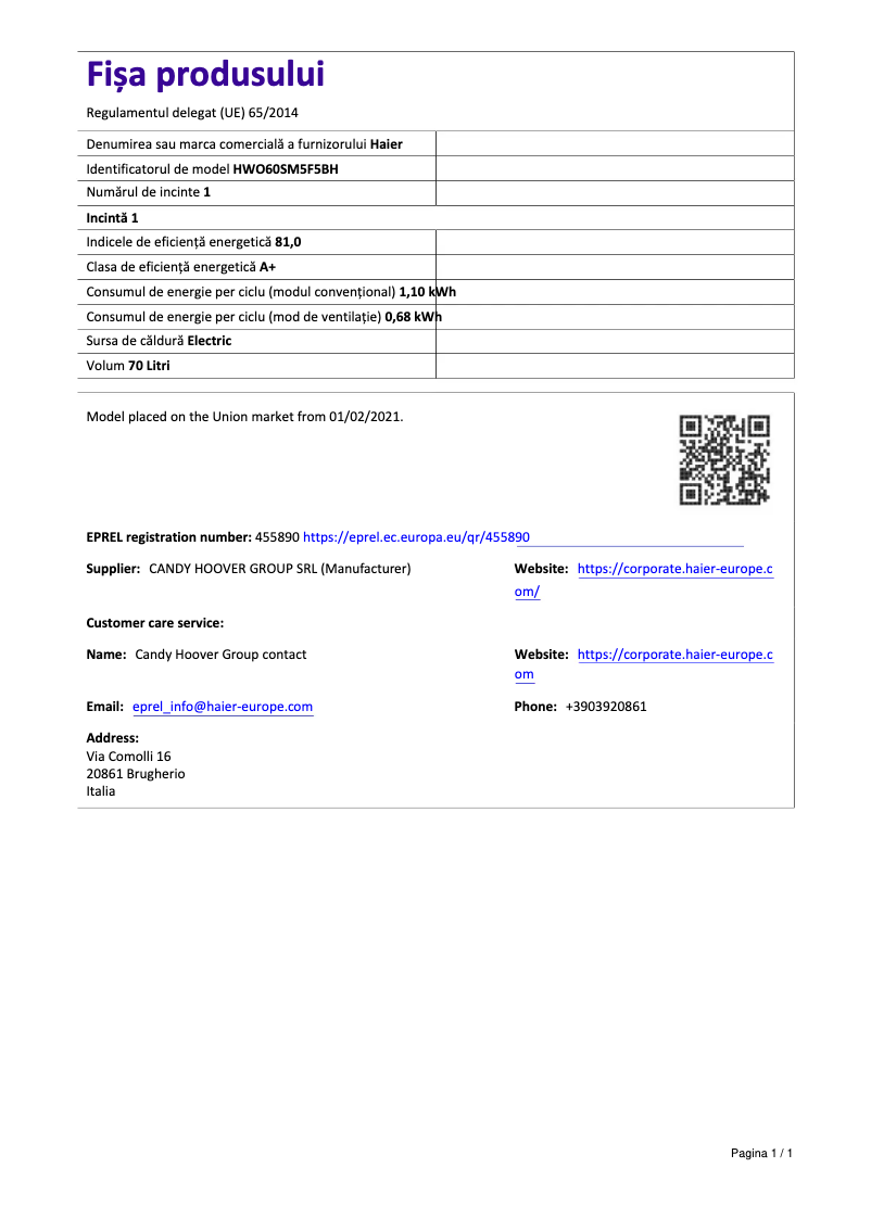 Page 1 of the manual Technical Sheet Haier I-Turn Series 4 HWO60SM5F5BH