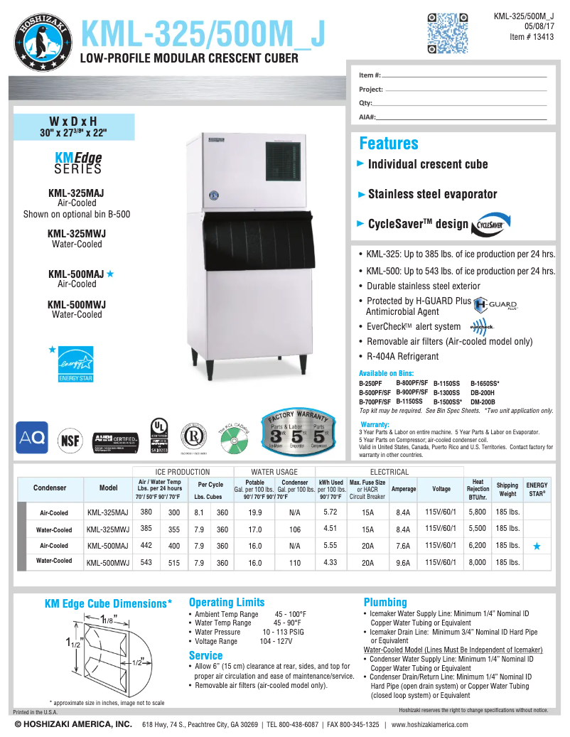 Page 1 of the manual Technical Sheet Hoshizaki KML-500MAJ