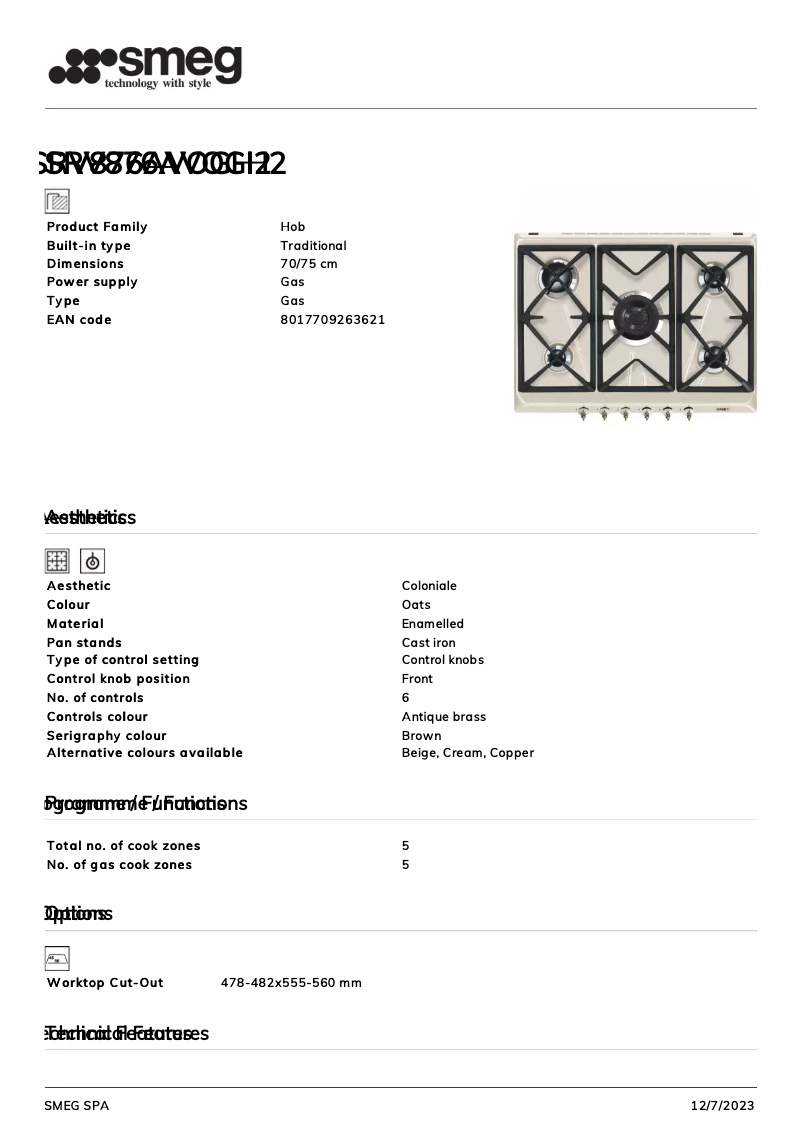 Page 1 of the manual Technical Sheet Smeg SRV876AVOGH2