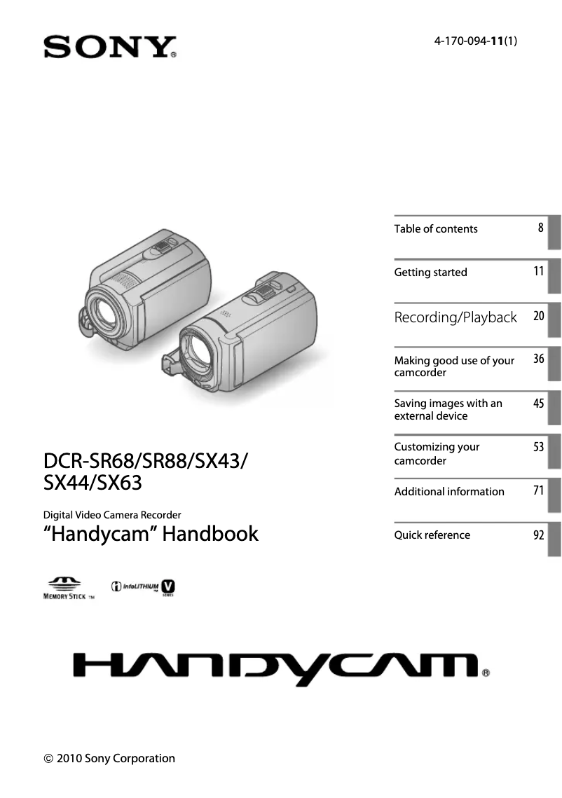 Page 1 of the manual User Manual Sony DCR-SR88