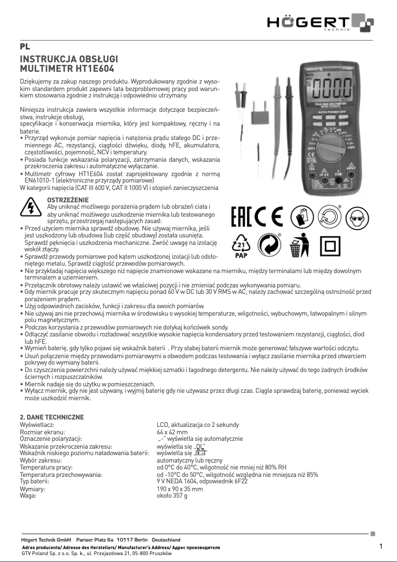 Page 1 of the manual User Manual Högert HT1E604