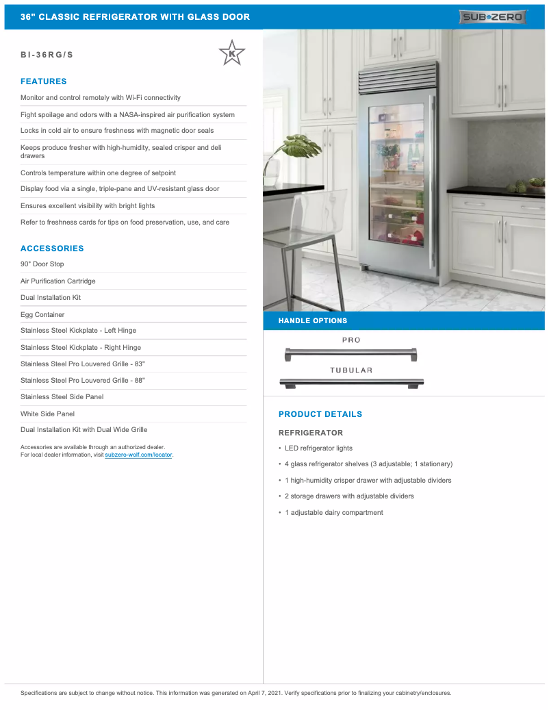 Page 1 of the manual User Manual Sub-Zero BI-36RG/S/TH-RH
