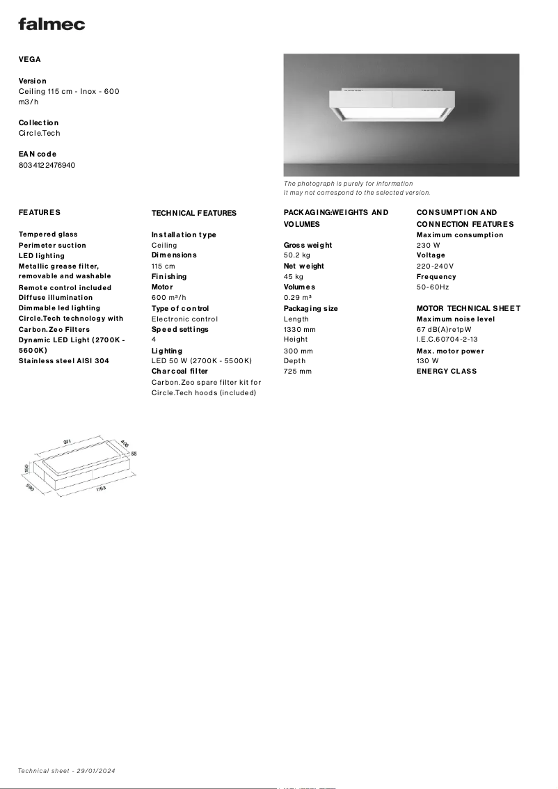 Page 1 of the manual Technical Sheet Falmec Vega