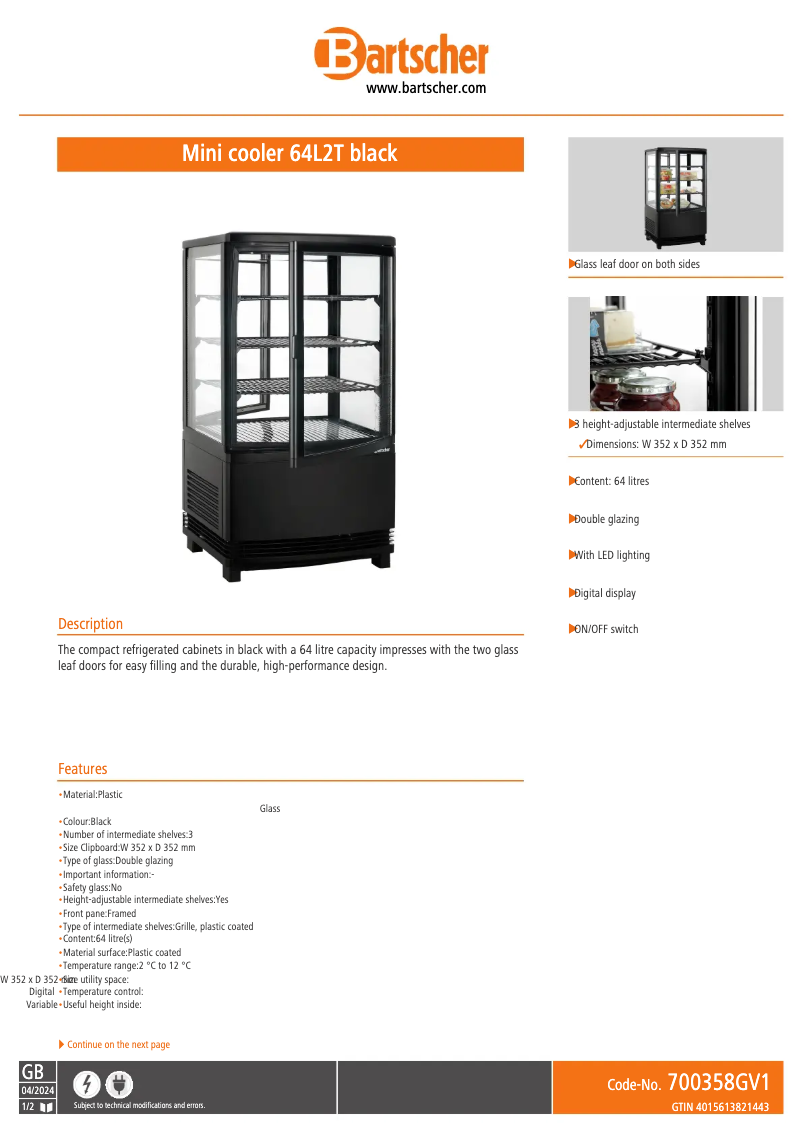 Page 1 de la notice Fiche technique Bartscher 700358GV1