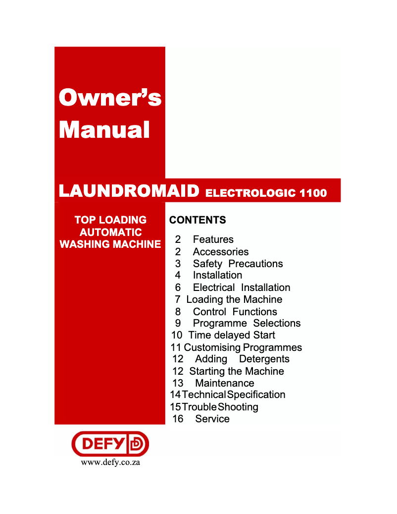 Page 1 of the manual User Manual Defy Laundromaid Electrologic 1100