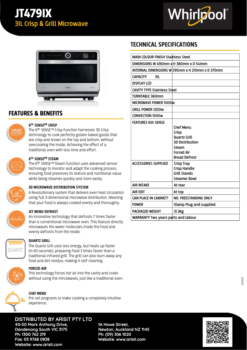 Page 1 of the manual Technical Sheet Whirlpool JT479IX