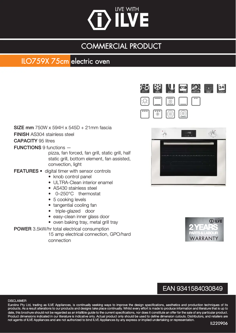 Page 1 of the manual Technical Sheet Ilve ILO759X