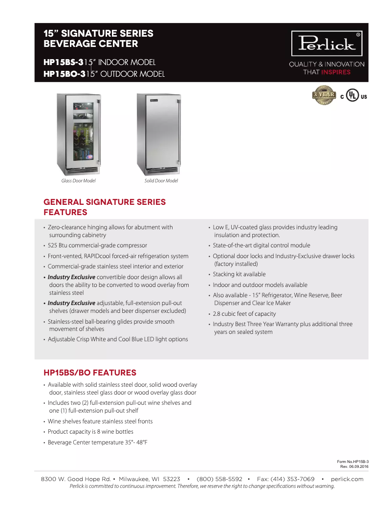 Page 1 of the manual Technical Sheet Perlick Signature Series HP15BS-3-1L