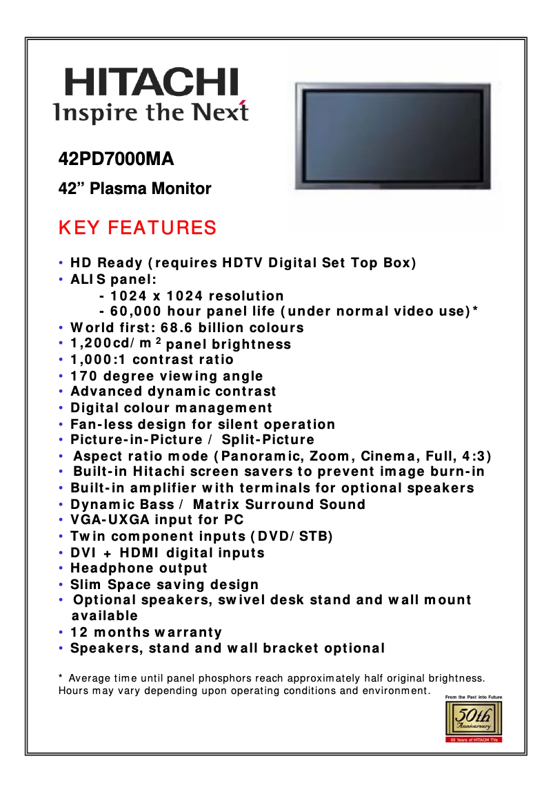 Page 1 of the manual User Manual Hitachi 42PD7000MA