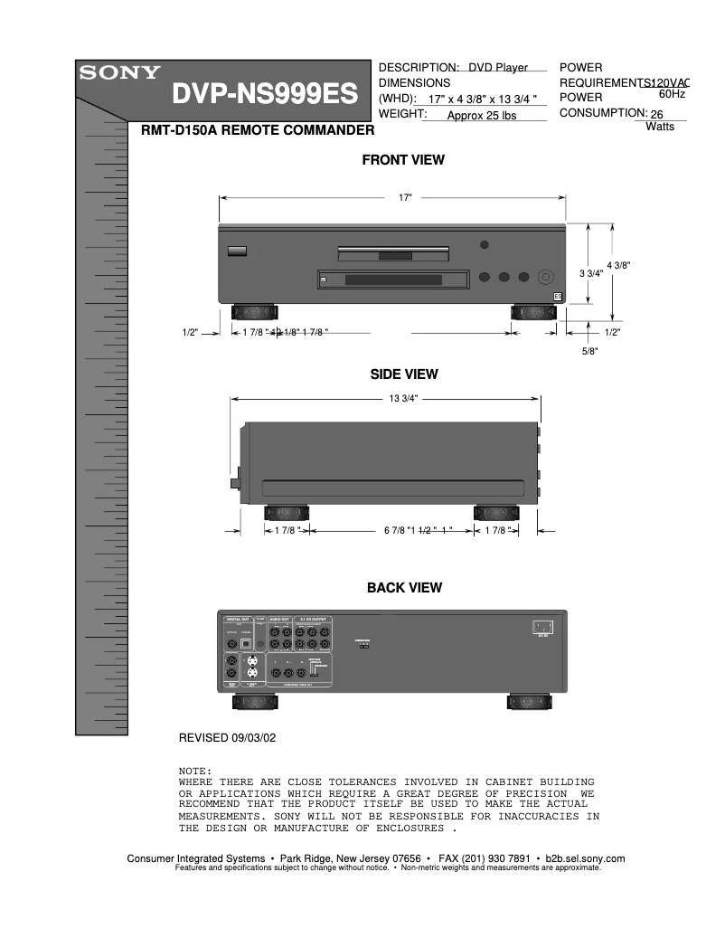 Page 1 of the manual Installation Guide Sony DVP-NS999ES