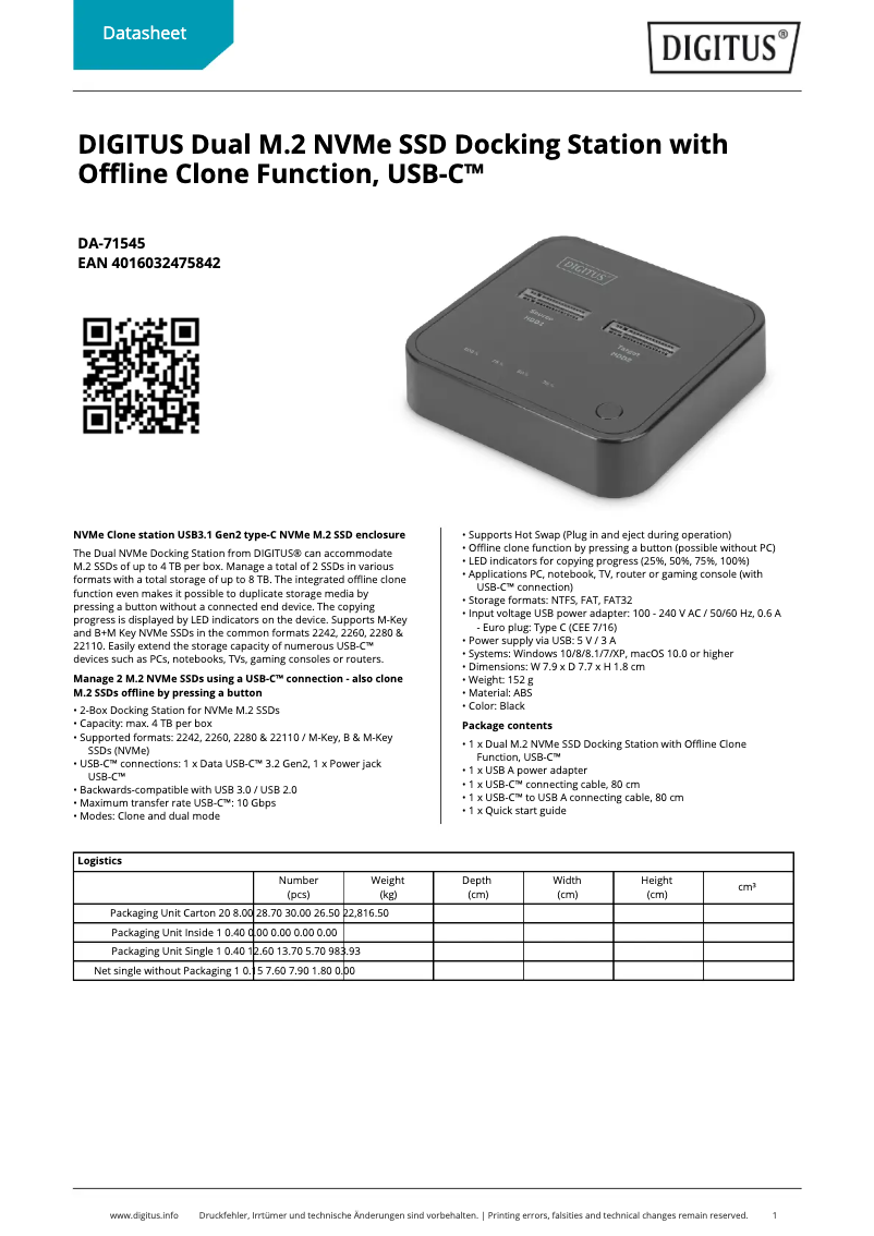 Page 1 of the manual Technical Sheet Digitus DA-71545