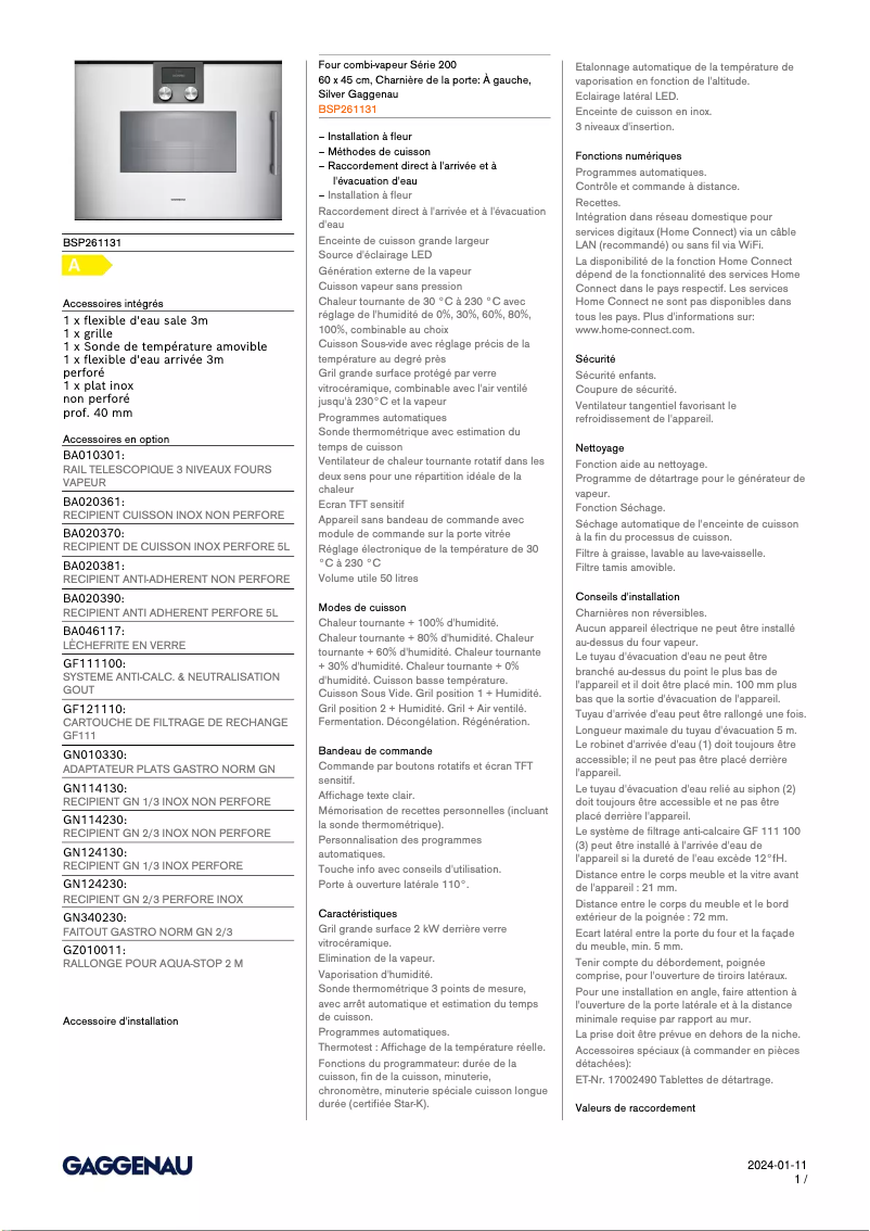 Page 1 of the manual Technical Sheet Gaggenau BSP261131