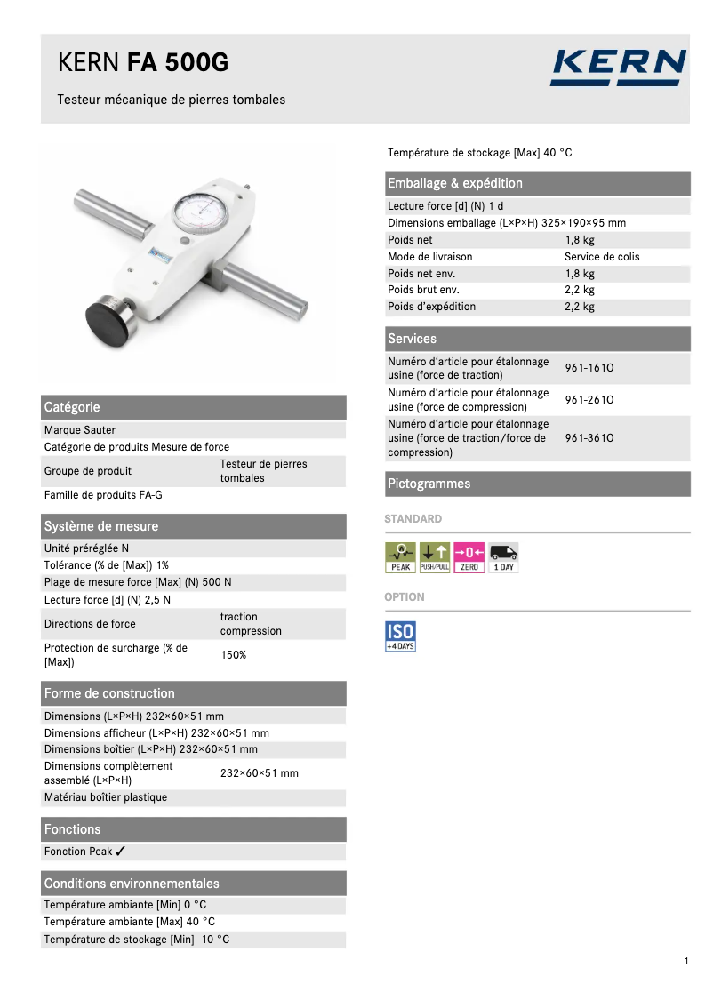 Page 1 of the manual Technical Sheet Kern FA 500G