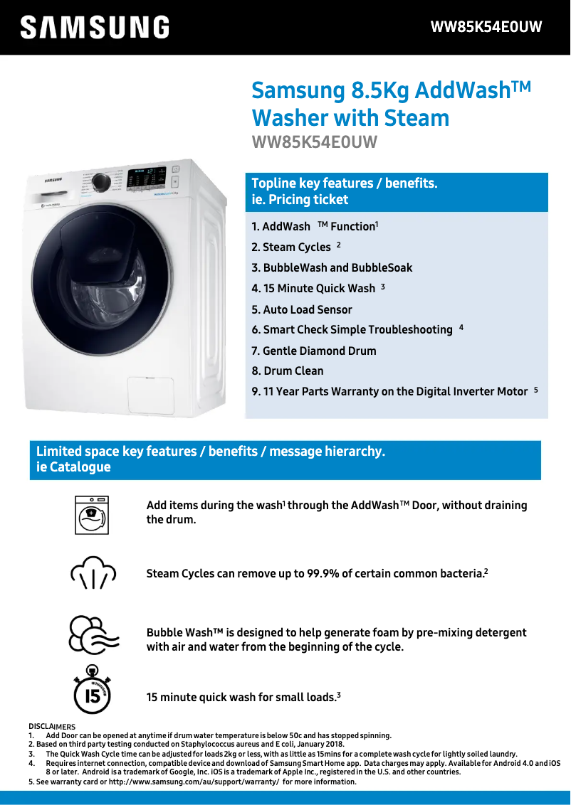 First page image of the manual for WW85K54E0UW