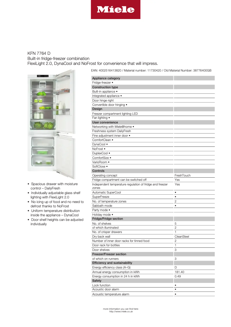 Page 1 of the manual Technical Sheet Miele KFN 7764 D