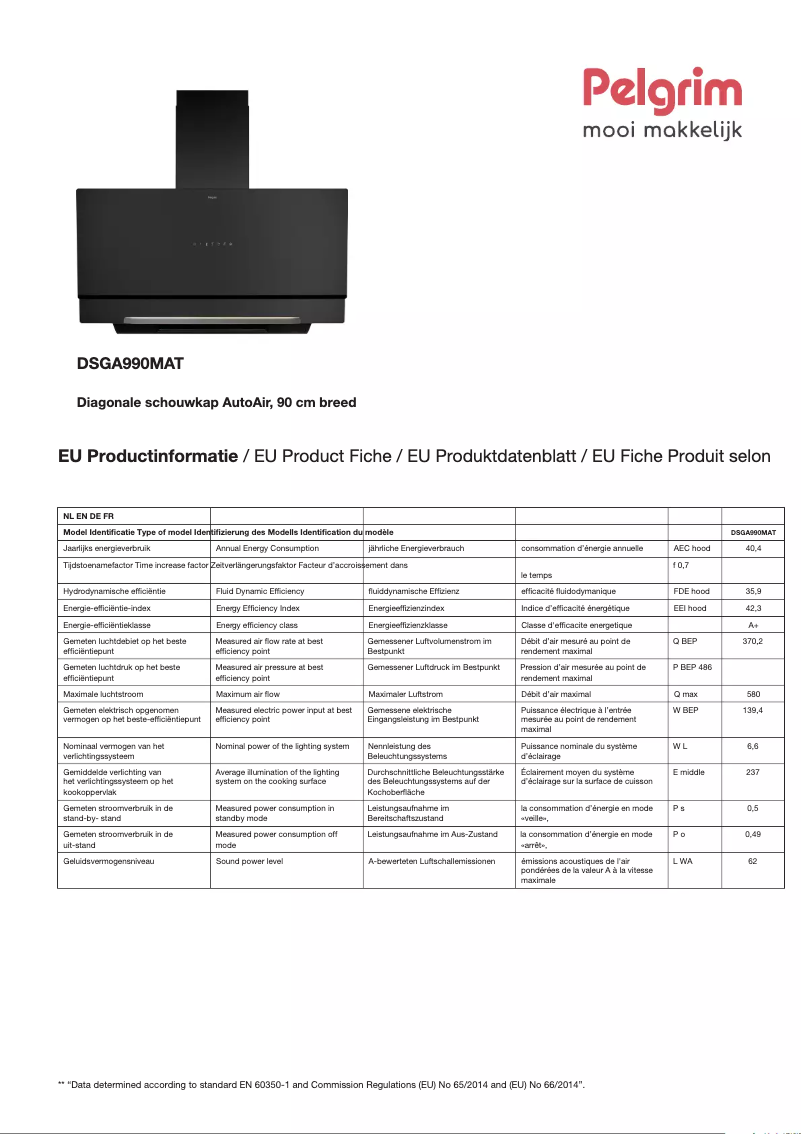 Page 1 of the manual Technical Sheet Pelgrim DSGA990MAT