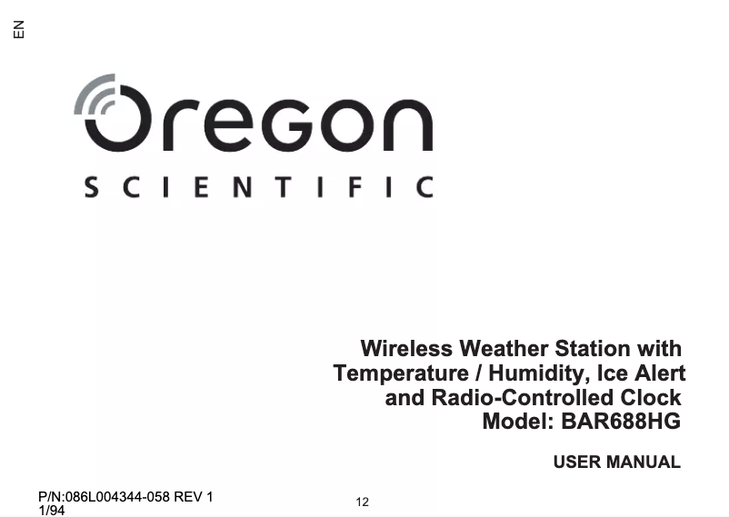 Page 1 of the manual User Manual Oregon Scientific BAR688HG