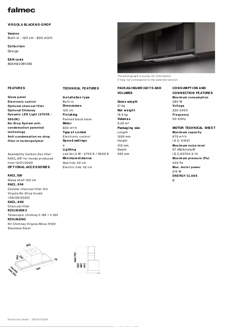 Page 1 of the manual Technical Sheet Falmec Virgola No-Drop Evo