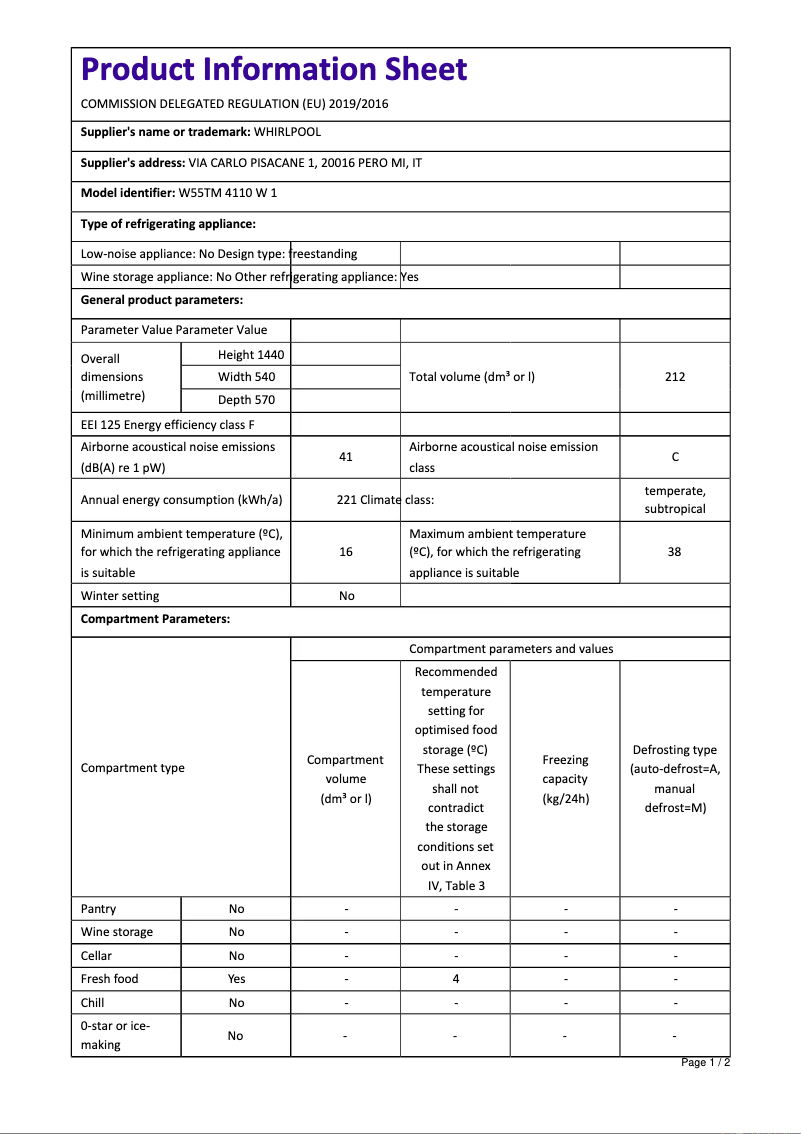 First page image of the manual for W55TM 4110 W UK 1