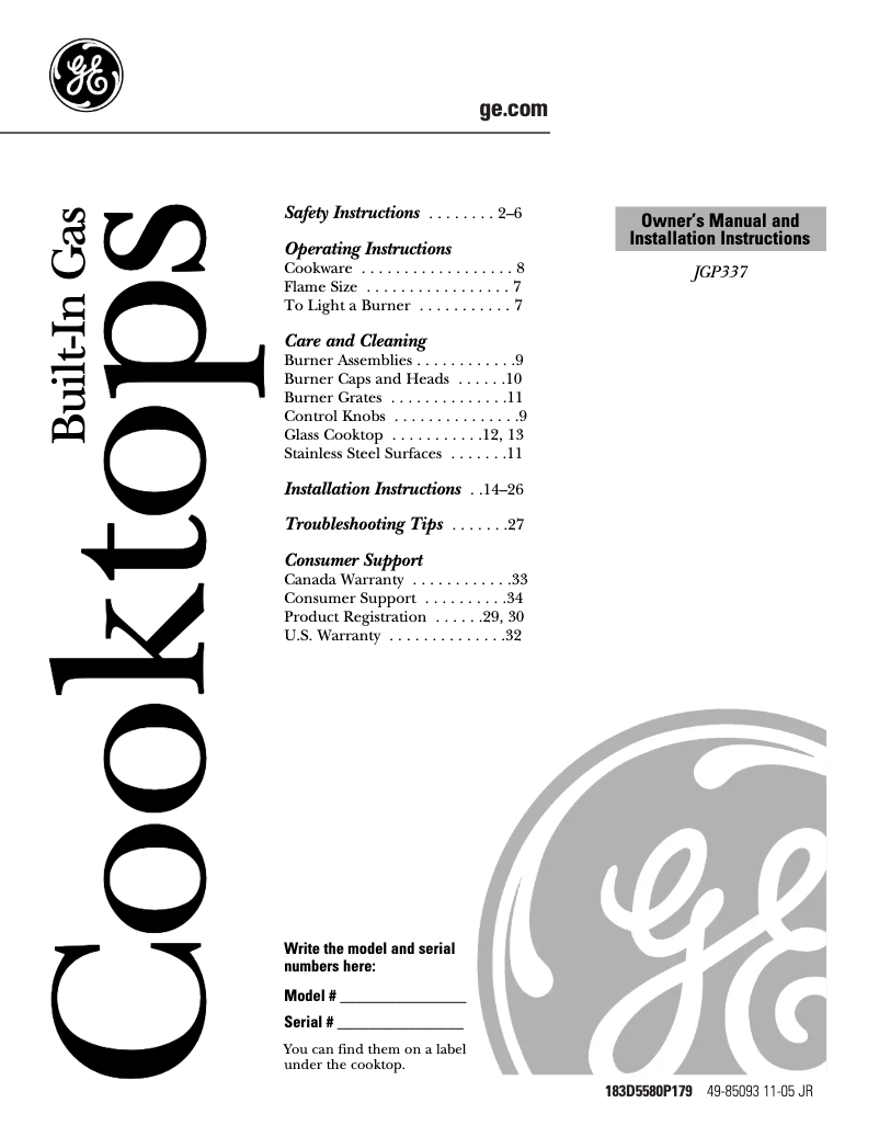 Page 1 of the manual Installation Guide GE JGP337BEJBB