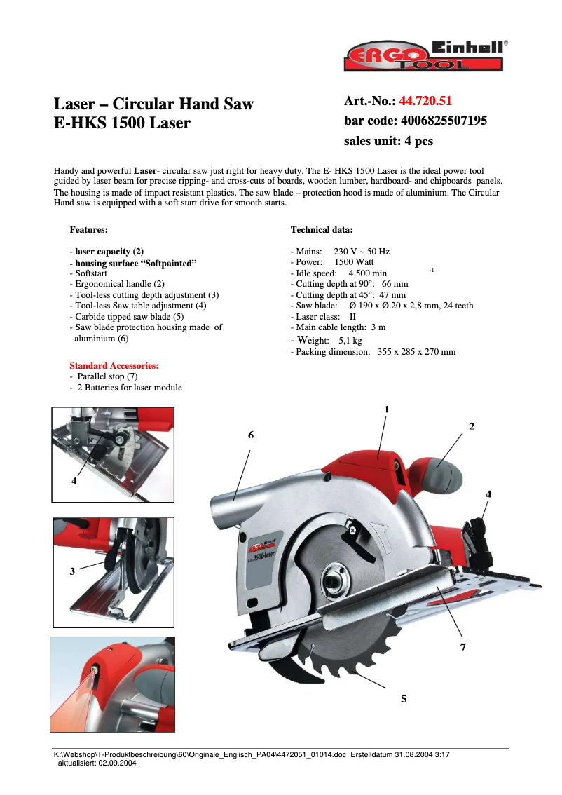 Page 1 of the manual Technical Sheet Einhell E-HKS 1500-Laser
