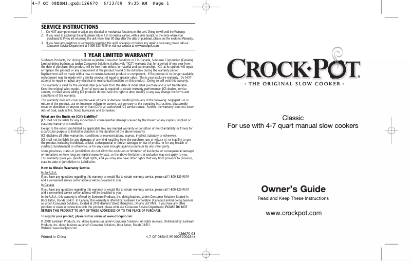 Page 1 of the manual User Manual Crock-Pot Classic SCR500-SS