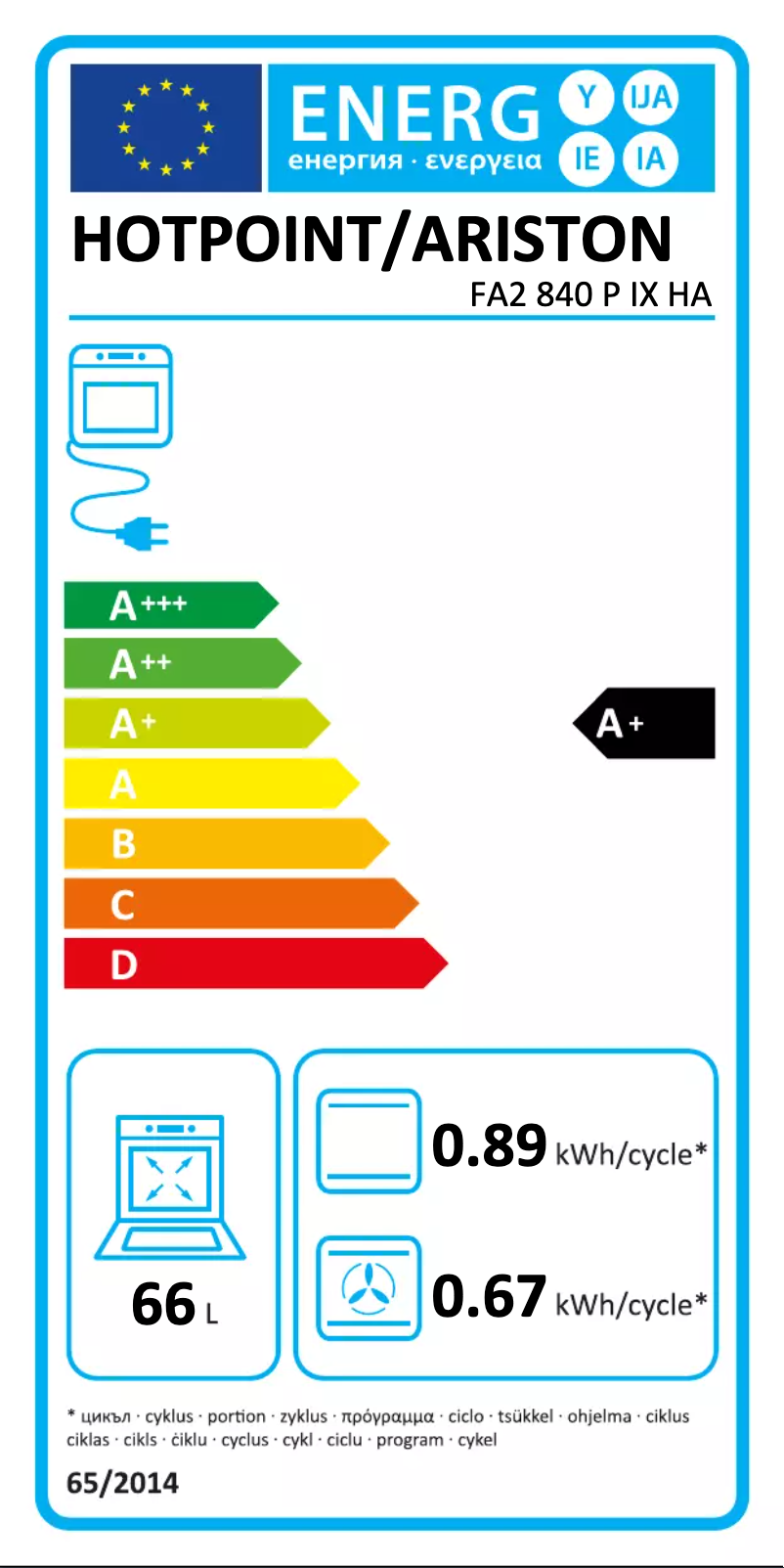 Page 1 of the manual Energy Label Hotpoint FA2 840 P IX HA