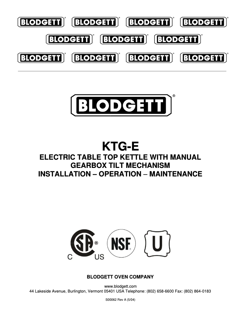 Page 1 of the manual User Manual Blodgett KTG-6E
