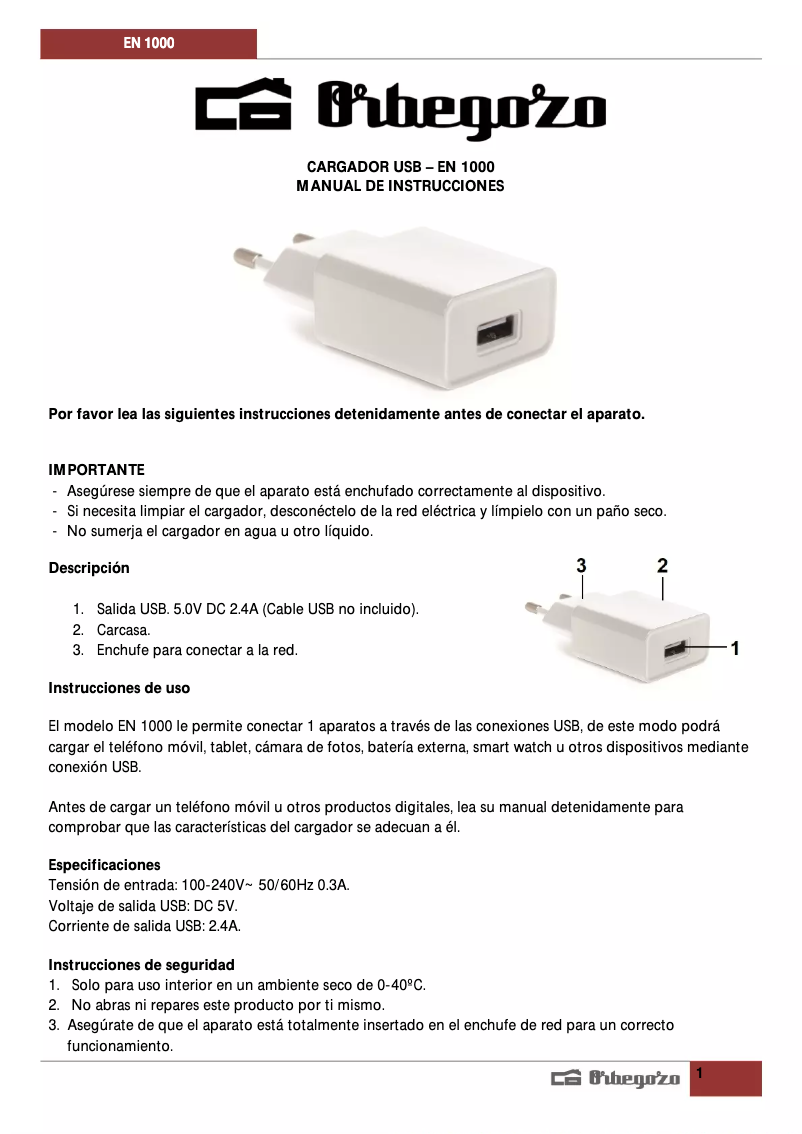 Page 1 of the manual User Manual Orbegozo EN 1000