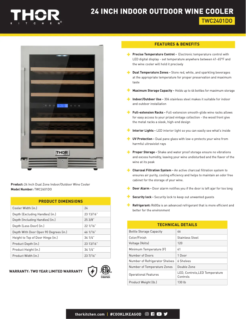 Page 1 of the manual Technical Sheet Thor TWC2401DO