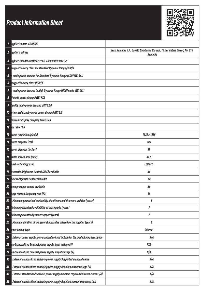 Page 1 of the manual Technical Sheet Grundig 39 GIF 6800 B B2B