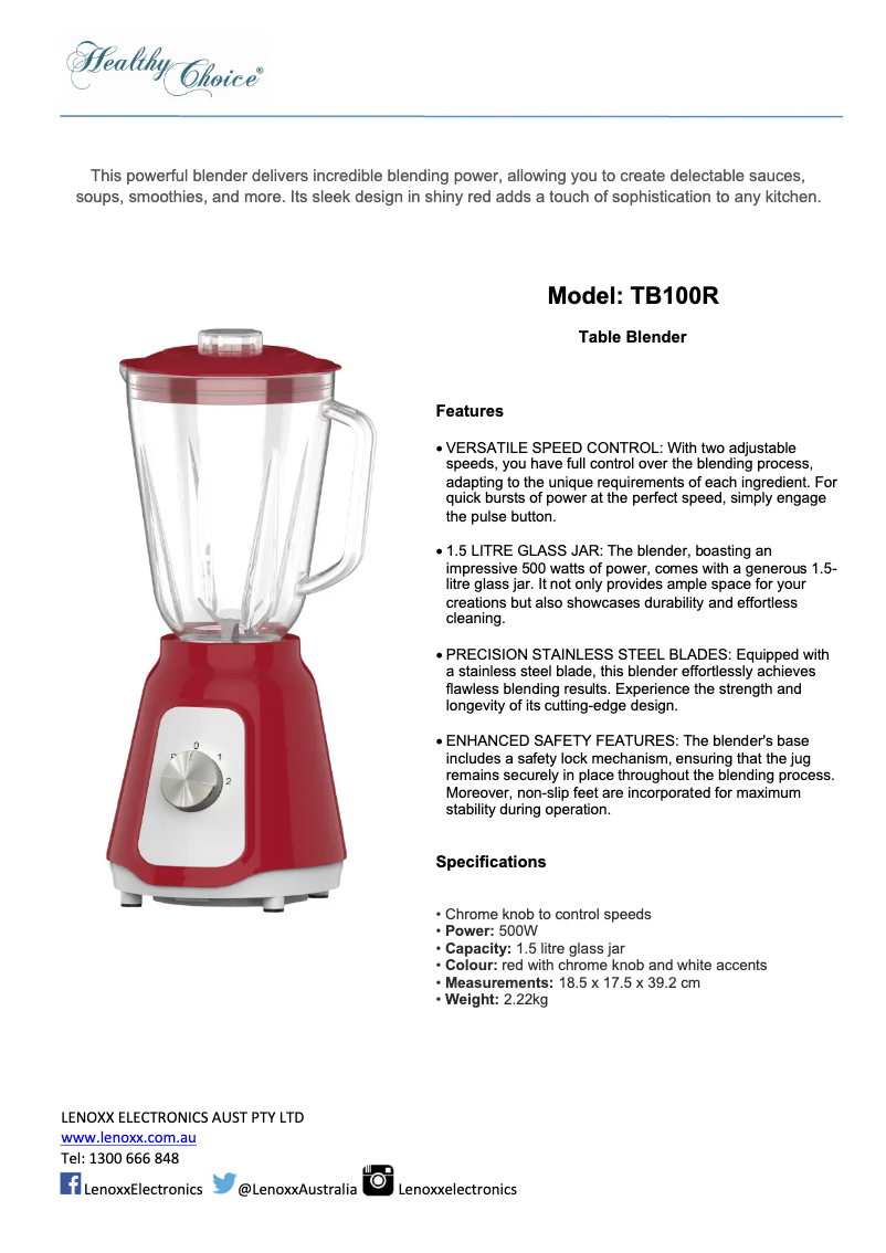 Page 1 of the manual Technical Sheet Healthy Choice TB100R