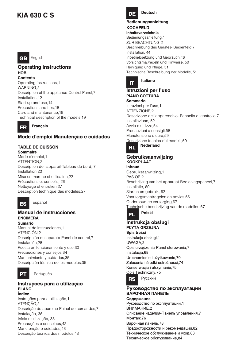 First page image of the manual for KIA 630 C (FR) S