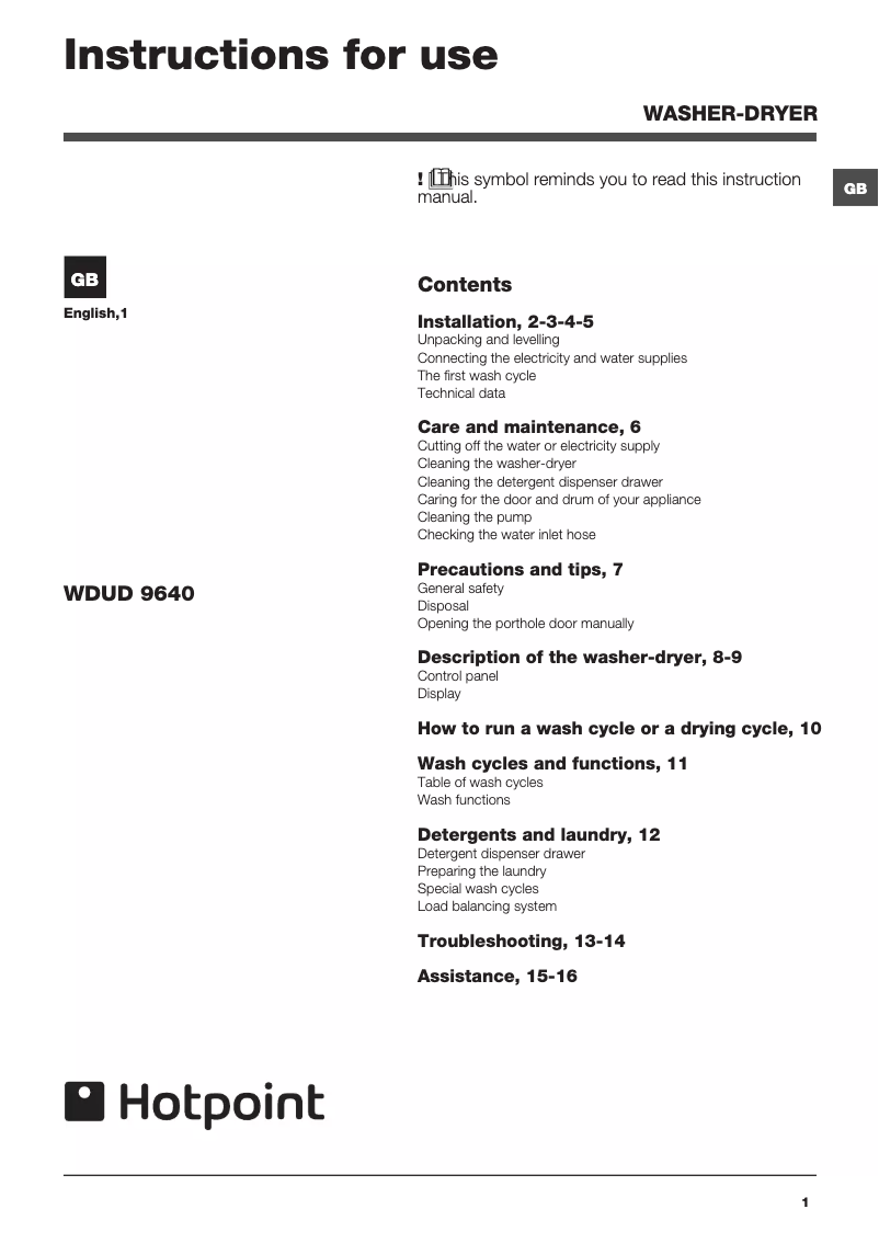 First page image of the manual for WDUD 9640