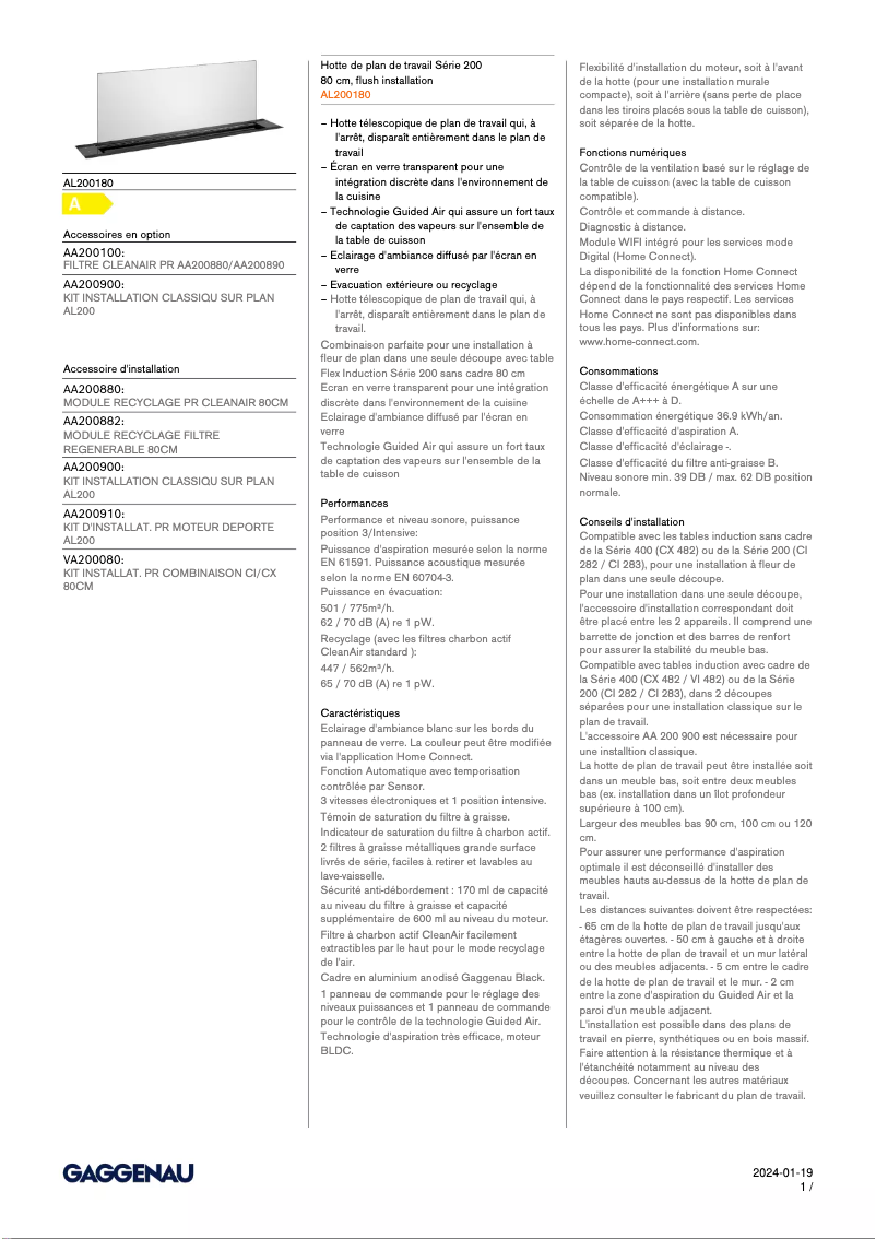 Page 1 of the manual Technical Sheet Gaggenau AL200180