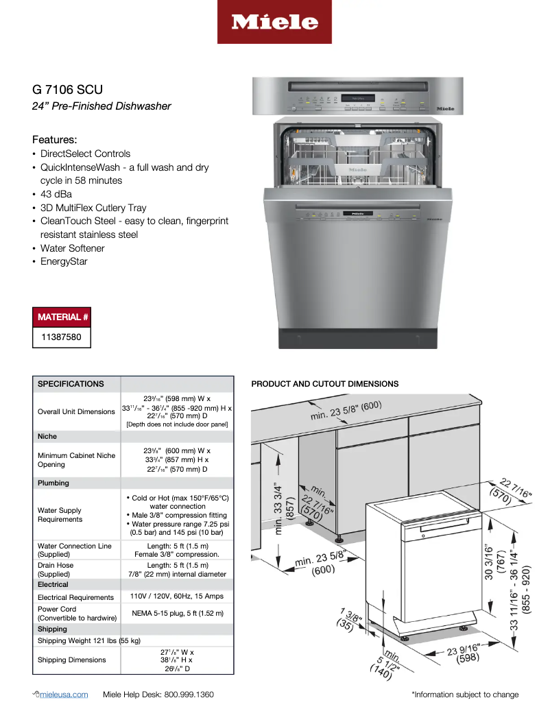 Page 1 of the manual Technical Sheet Miele G 7106 SCU