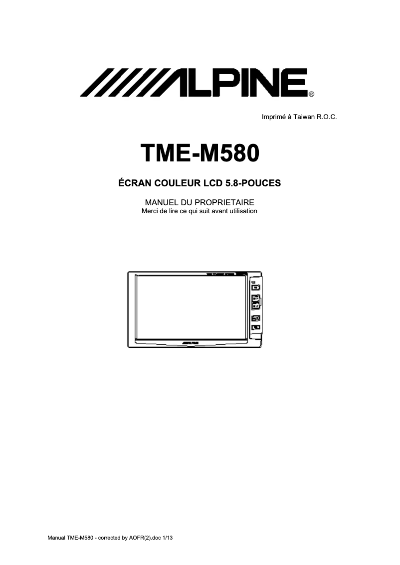Page 1 of the manual User Manual Alpine TME-M580